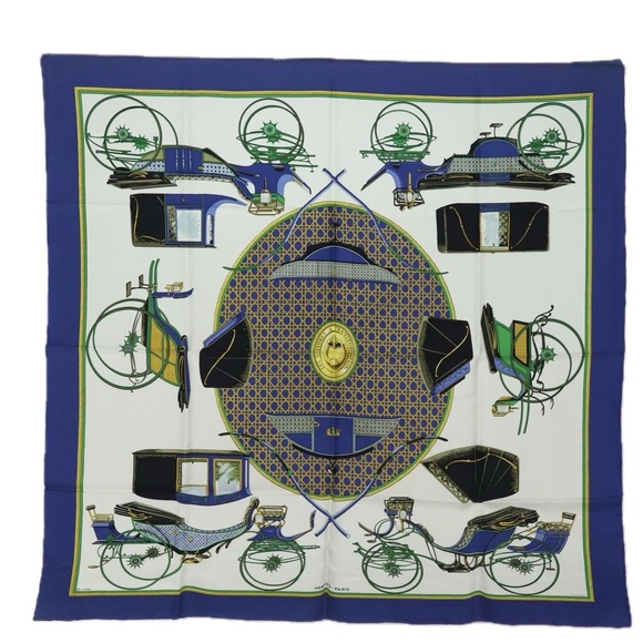 HERMES Carre 90  ""LES VOITURES A TRANSFORMATION"" Silk Blue Auth am6603 - Picture 1 of 14